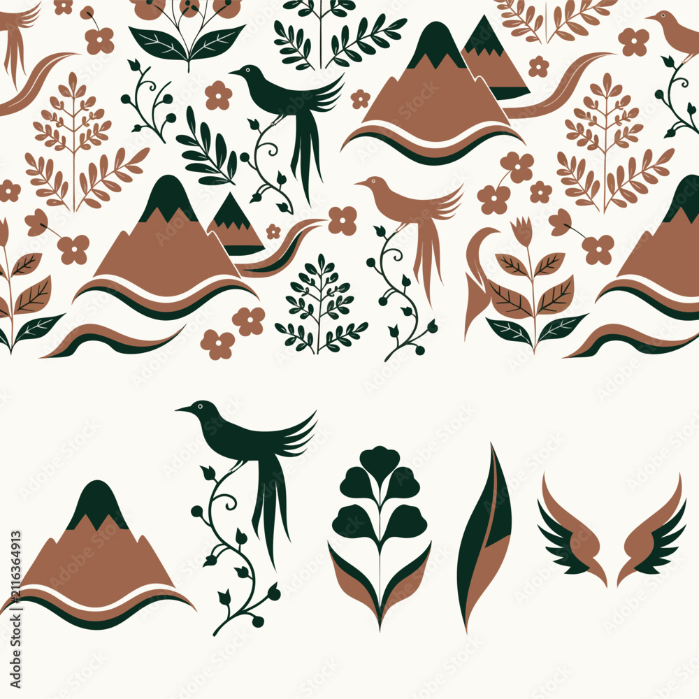 Fototapeta premium Batik Semen Seamless Pattern with Mountain and Bird Motifs (2 Versions)
