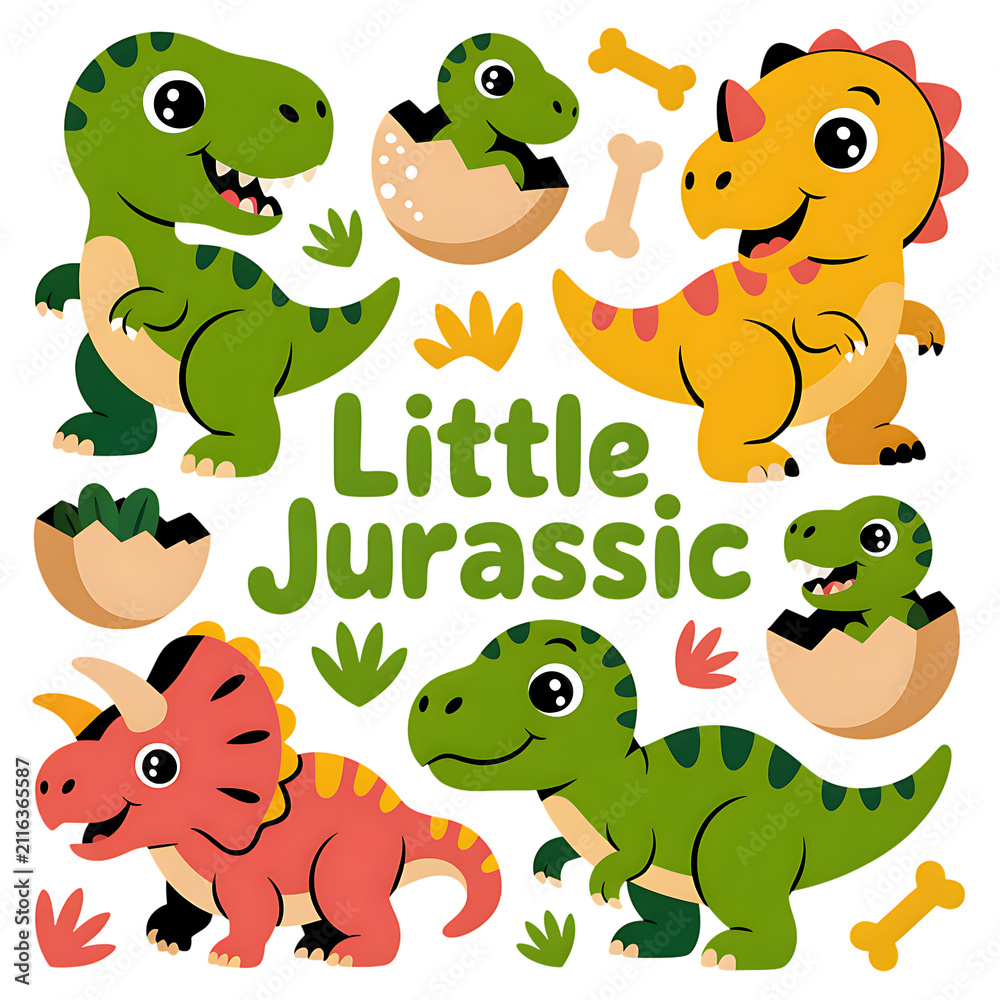 Obraz premium Cute little jurassic dinosaur cartoon characters collection isolated on transparent background