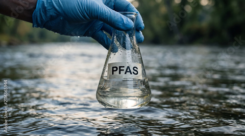 Scientist in blue protective gloves holding glass laboratory beaker containing liquid sample labeled pfas over flowing river water representing environmental chemical contamination.