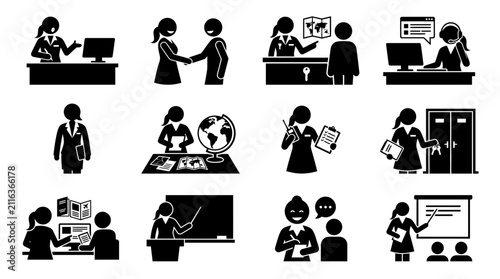 Business Meeting and Office Work Icons Set: People collaborating, greeting, and teaching
