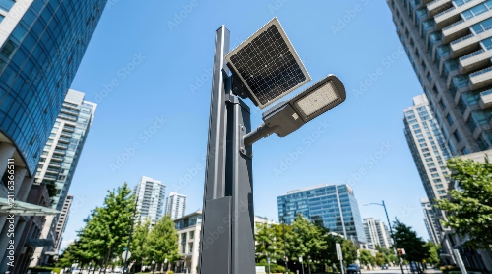 Obraz premium Modern Solar Powered Street Light in Urban Environment.