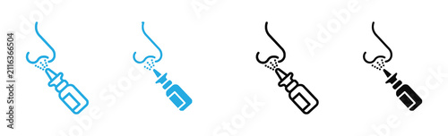 Fotografie Medical icon set depicting a nasal spray bottle applying a mist into a human nose profile, representing decongestant treatment, allergy relief, cold, flu, sinusitis, and rhinitis remedies