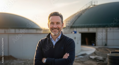 Confident businessman with arms crossed bathed in golden hour light at an industrial facility