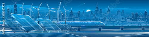 Panoramic smart city with solar panels, wind turbines and high-speed train. Modern sustainable infrastructure, renewable energy and clean transportation vector background.