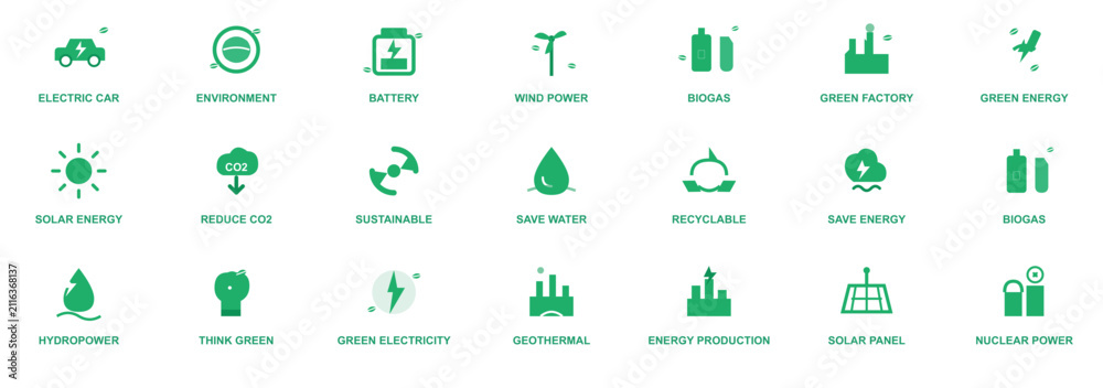 Fototapeta premium Green Energy and Ecology Icon Set: Vector collection featuring renewable energy, electric vehicle, wind power, solar panels, recycling, CO2 reduction, and sustainable environment icons.
