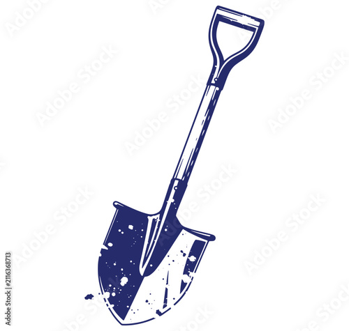 Blue illustration of a shovel with a long handle and a flat blade