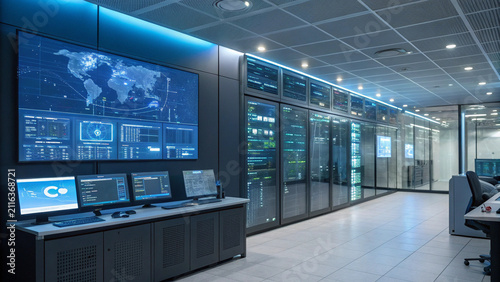 Modern data center control room with multiple screens displaying digital information and world maps