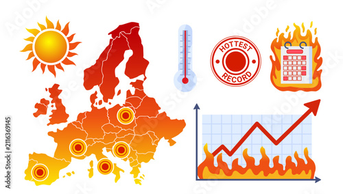 Heatwave Europe climate data temperature map thermometer burning calendar rising graph sun fire record