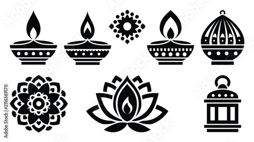 Diwali icon set of traditional light lamp festival with festival