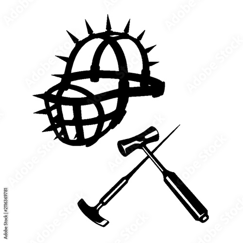 Cuadro en lienzo Dark medieval spiked cage helmet with crossed tools vector