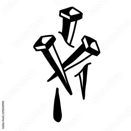 Dark gothic line art illustration of iron nails with blood