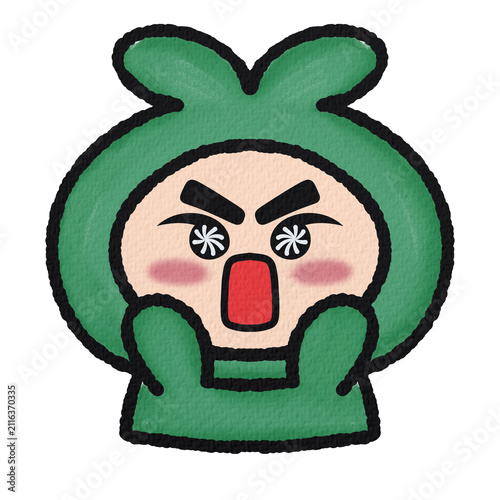 Cute cartoon character in green hoodie with shocked face expression sticker