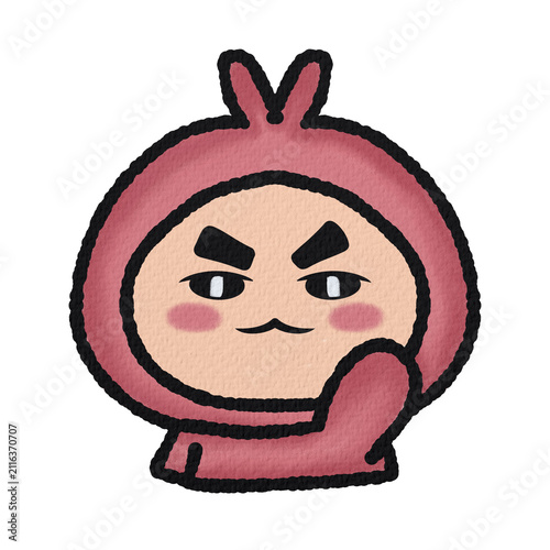 Cute cartoon character in pink hoodie making funny face sticker
