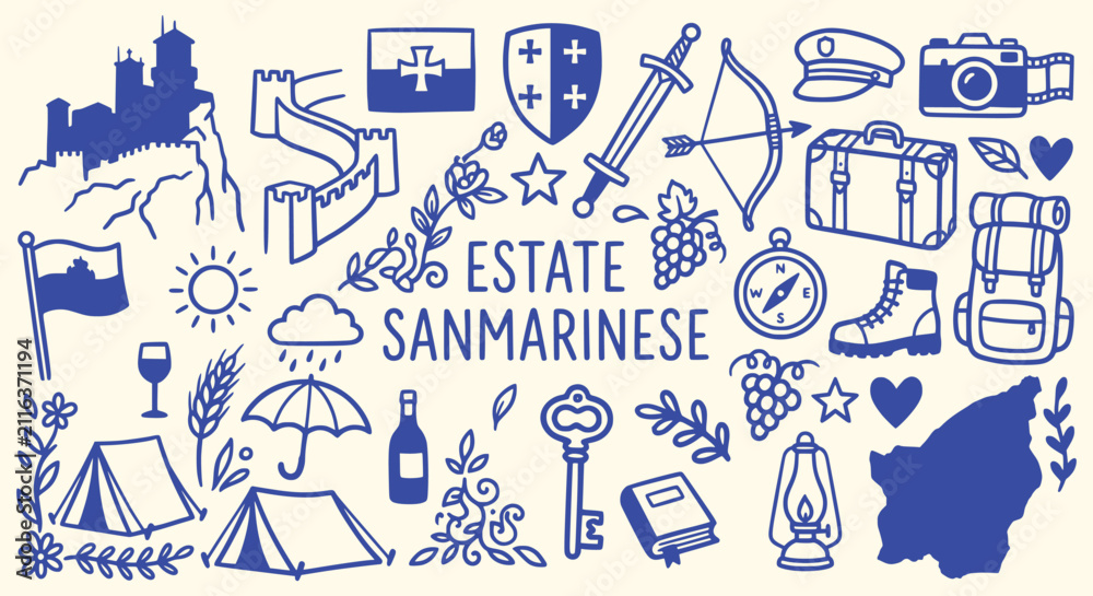Fototapeta premium San Marino summer doodle icon set. medieval castle tower, shield, sword, wine bottle, compass, tent. for european tourism poster, historic travel brochure. hand drawn line art vector set.