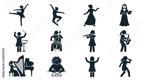 Konstfotografi Diverse Performing Arts Silhouettes: Dance, Music, Opera, Choir, Conductor, Harp