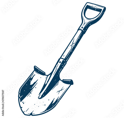 Illustration of a vintage shovel with a wooden handle on a white background