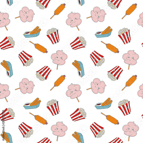 Seamless carnival snack pattern, cotton candy, popcorn, churros and corn dogs. Repeating fair food background. Perfect for wrapping, packaging, stationery, fabric and textile prints.
