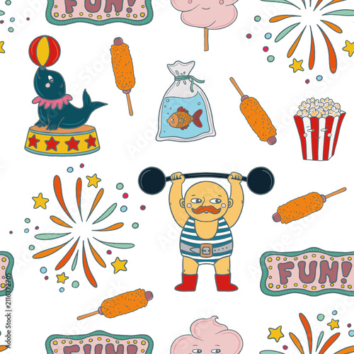 Seamless carnival celebration pattern, fireworks, popcorn, corn dogs, cotton candy, seal balancing a ball, strongman, fish bag and fun sign. Perfect for wrapping, packaging, stationery, fabric.