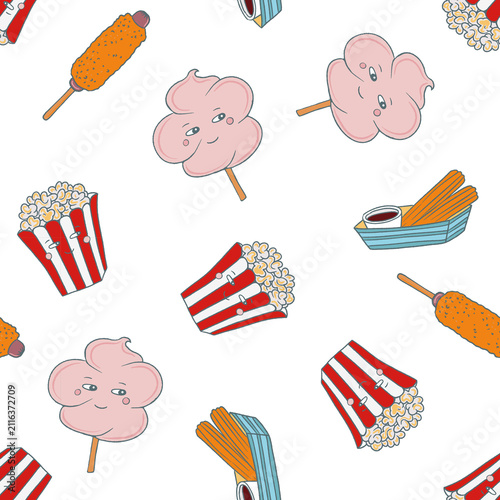 Seamless carnival snack pattern, cotton candy, popcorn, churros and corn dogs. Repeating fair food background. Perfect for wrapping, packaging, stationery, fabric and textile prints.