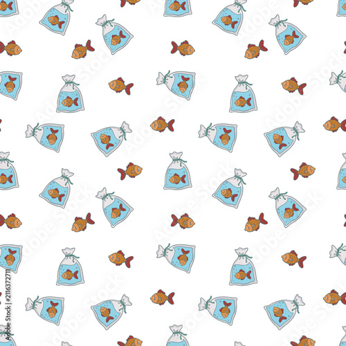 Cute seamless pattern with goldfish and fish in plastic bags. Playful aquarium illustration for fabric, wallpaper, wrapping paper, stationery, nursery decor and textile design.