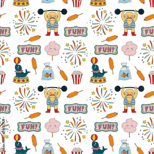 Seamless carnival celebration pattern, fireworks, popcorn, corn dogs, cotton candy, seal balancing a ball, strongman, fish bag and fun sign. Perfect for wrapping, packaging, stationery, fabric.