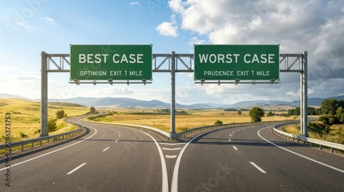 Road splits into best case and worst case scenarios with signs.