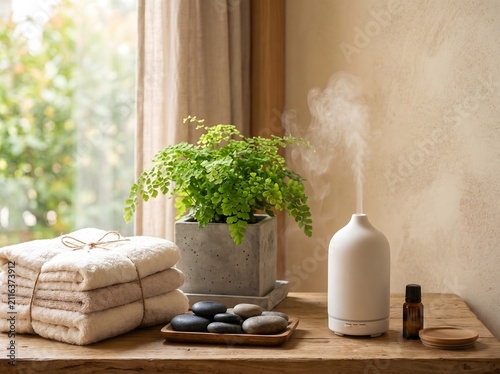 Green plant and essential oil diffuser on a wooden table