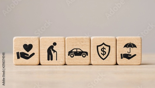 Wooden blocks with icons representing life health car and insurance concepts