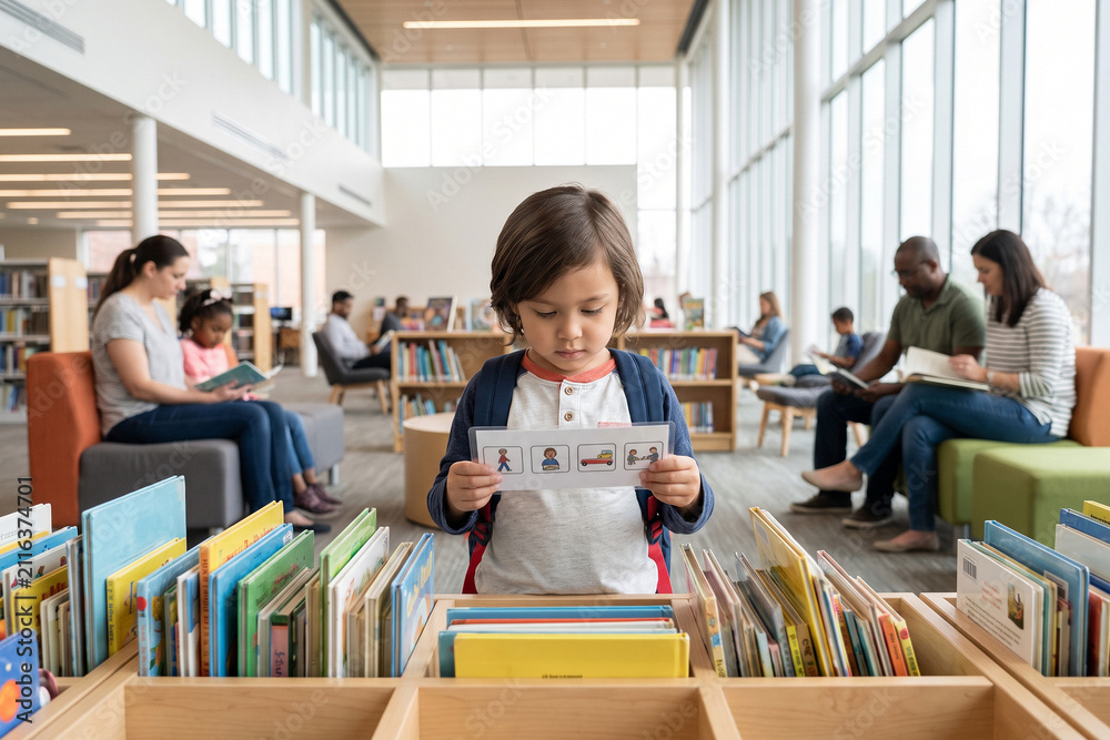 Obraz premium Child Reading Library Visual Routine Cards for Independent Study