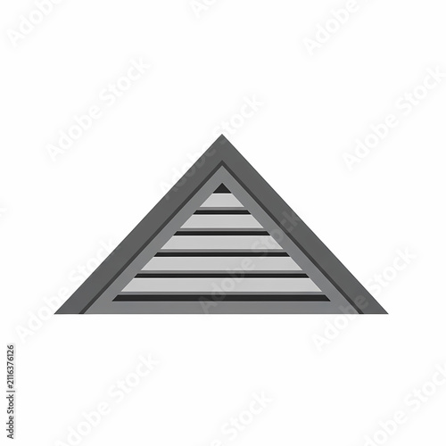 A triangular roof ventilation vent made from metal slats provides airflow for a residential attic space and serves as a functional architectural element for proper house cooling and heat