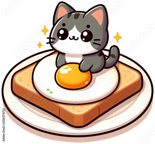 A cat sitting on top of a toast slice with a fried egg