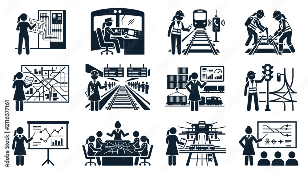 Obraz premium Railway Engineering and Operations Icons: Planning, Control, and Maintenance