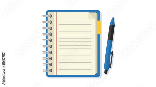 Spiral-bound notebook with lined pages and a blue pen sit side-by-side on a clean white background, ready for writing or note-taking.