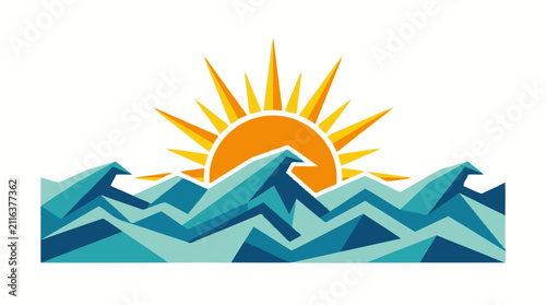 Sunrise over ocean waves illustration depicts a bright yellow sun rising above stylized blue and turquoise geometric waves, conveying a serene coastal scene.