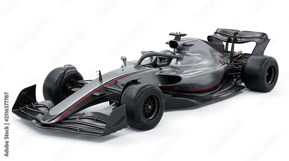 Fototapeta premium Sleek modern Formula 1 race car with a dark grey finish on a white background.