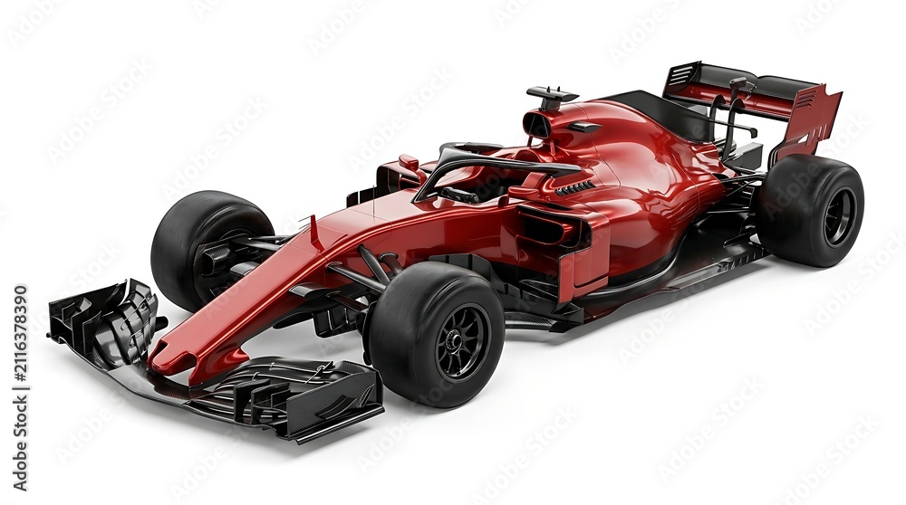 Fototapeta premium Detailed studio shot of a vibrant red Formula 1 racing car model, isolated on a clean white background.