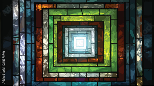 Rectangular tunnel of stained glass style pixel frames.