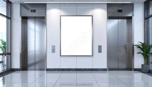 Modern Office Building Lobby with Elevators and Blank Advertisement Screen.
