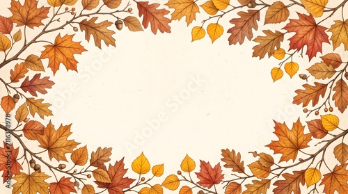 Autumn foliage frame made of colorful maple and oak leaves on a light background with seasonal botanical decoration