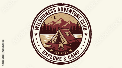 Vintage Wilderness Adventure Club Badge with Tent, Mountains, and Campfire.