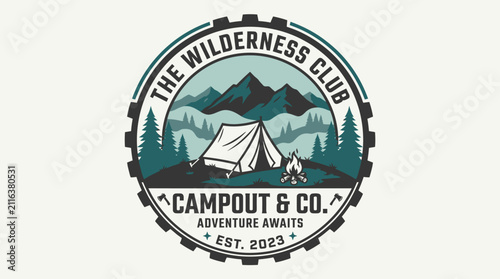 Vintage Wilderness Club Campout  Co. Adventure Awaits Logo Design.