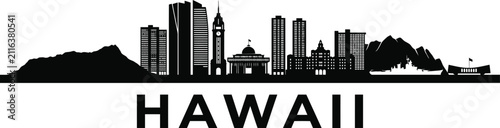 A minimalist black and white silhouette illustration of the honolulu hawaii city skyline with diamond head crater