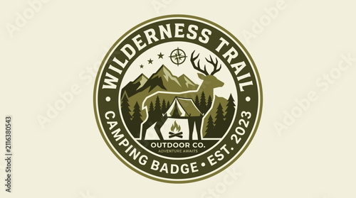 Vintage Wilderness Trail Camping Badge with Deer and Mountains.