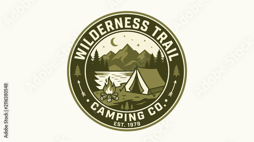 Vintage Wilderness Trail Camping Co. Logo with Tent, Campfire, Lake, and Mountains.