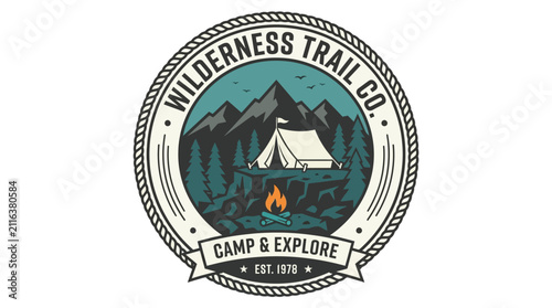 Vintage Wilderness Trail Co. Camp and Explore Logo with Mountains and Tent.