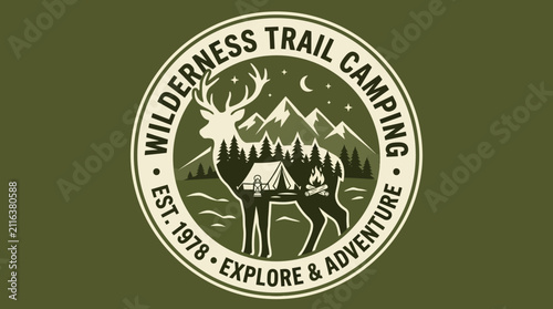Vintage Wilderness Trail Camping Emblem with Deer and Mountains.