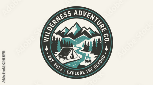 Wilderness Adventure Co. Outdoor Camping and Mountain Exploration Logo Design.