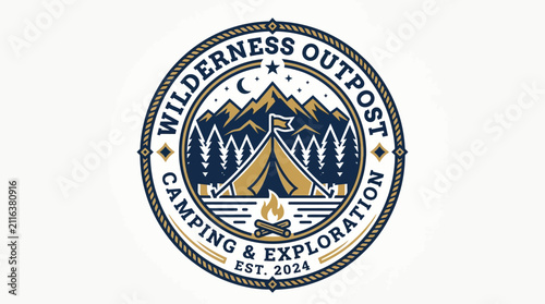 Wilderness Outpost Camping Exploration Logo Design with Mountains and Tent.