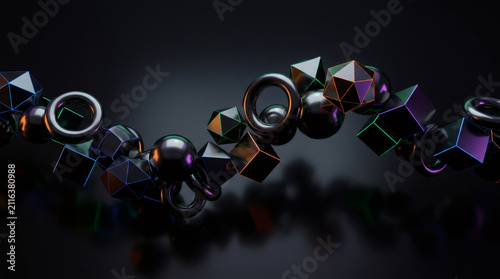 Abstract 3D geometric shapes background with dark metallic spheres and cubes