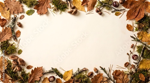 Autumn forest foliage frame on textured paper background with background textured template invitation seasonal